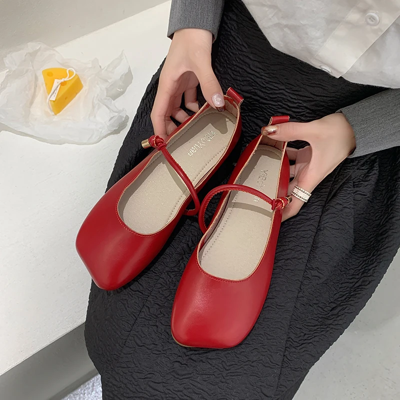 Soft Leatherette Ballerinas Women Rope Belt  Ballet Flats Square Toe Loafers Ladies Retro Red Mary Janes 2022 New view 2