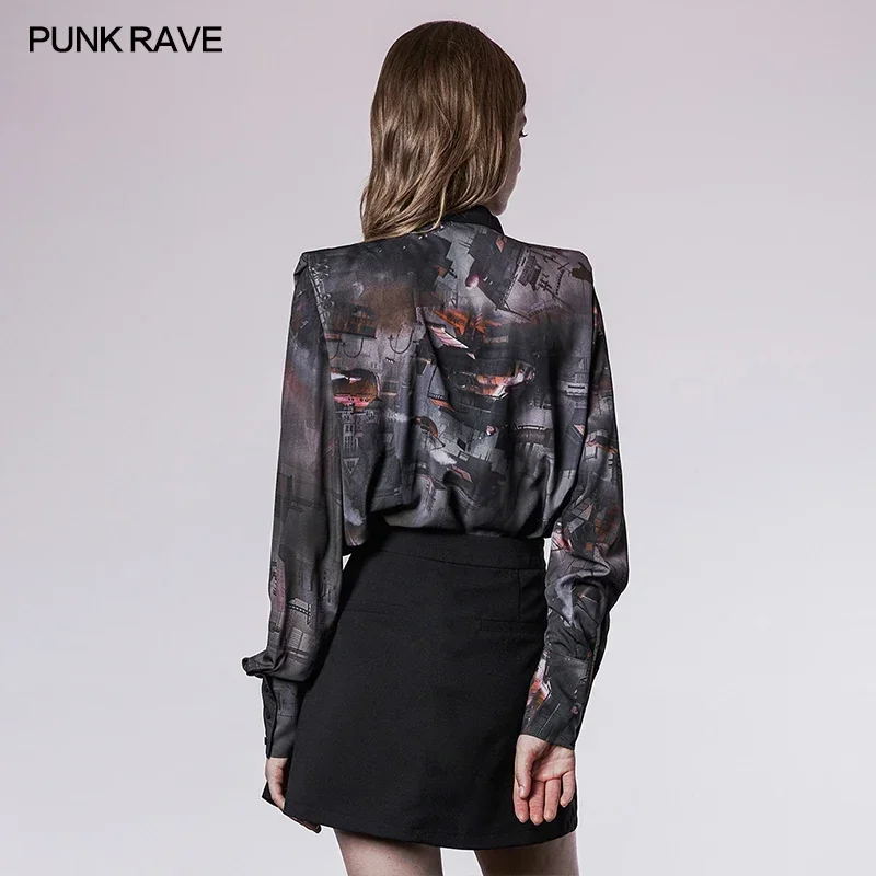 Punk rave feminina "resíduos de pouco peso" série impresso manga longa camisa com decote em v sexy colar cinta decoração moda brincalhão topos