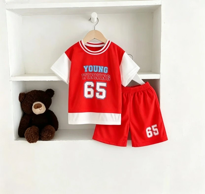 Kids 2Piece Outfit Children Daily Sport Short Sleeve Top With Number 65 Print And Matching Shorts Child Simple Wear Suits Cloth