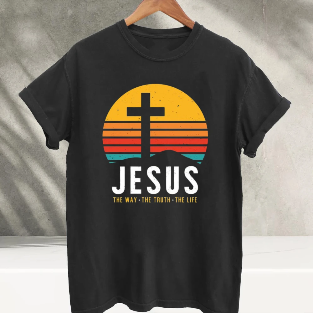 Men Retro Sunset Cross JESUS The Way The Truth The Life Graphic T Shirt Christian Faith Distressed Print Cotton Short Sleeve Tee