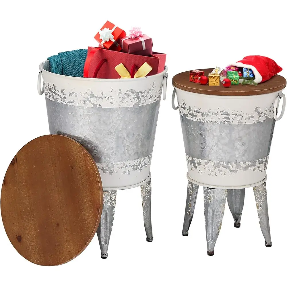 

Vintage Galvanized Metal Accent Side Table with Wooden Lid, Set of 2, Distressed White