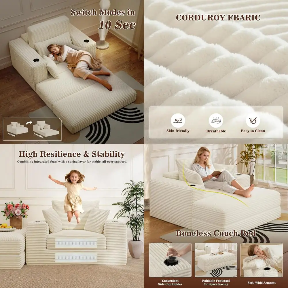 52 Oversized Cloud-Like Cozy BonelChaise Lounge Chair - 3-in-1 Sofa Bed for Reading, Living & Bedroom, Beige Corduroy