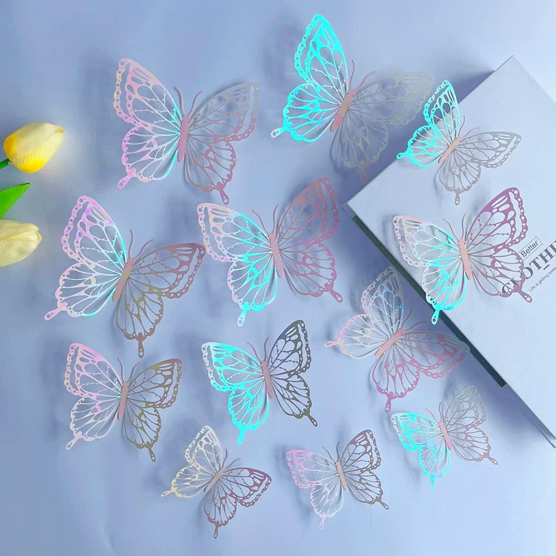 12pcs/pack 3D Hollow Butterfly Wall Sticker Bedroom Living Room Home Decoration Paper Butterfly Wall Decals for Party Wedding