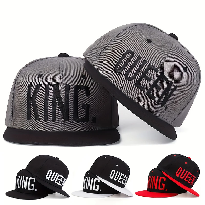 2pcs/set Women KING QUEEN Letter Embroidery Hip Hop Hat Outdoor Adjustable Sunscreen Leisure Hat Spring Autumn Travel Vacation