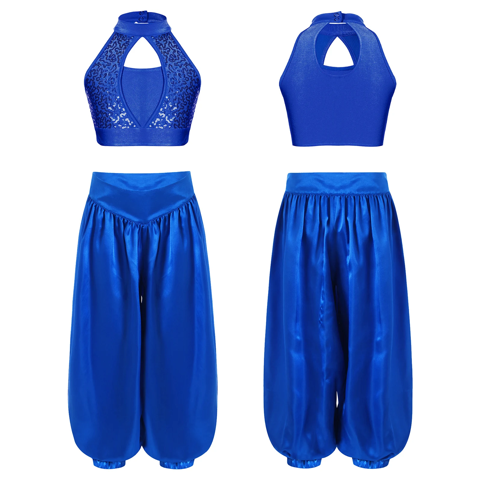 

Kids Girls Satin Belly Dance Outfit Asymmetrical Shoulder Straps Sleeveless Sequin Ruffle Crop Top with Wide-Leg Bloomers Pants