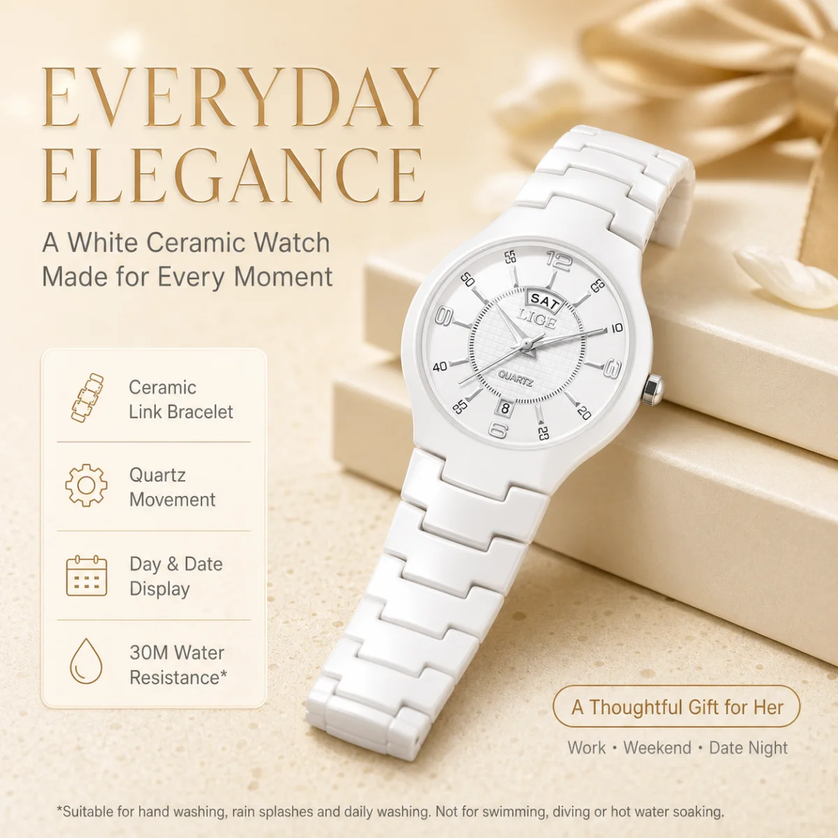 LIGE 2026 Women Quartz Watch Ceramic Day Date Display Waterproof Luxury Ladies Wristwatch Elegant Female Clock Relogio Feminino