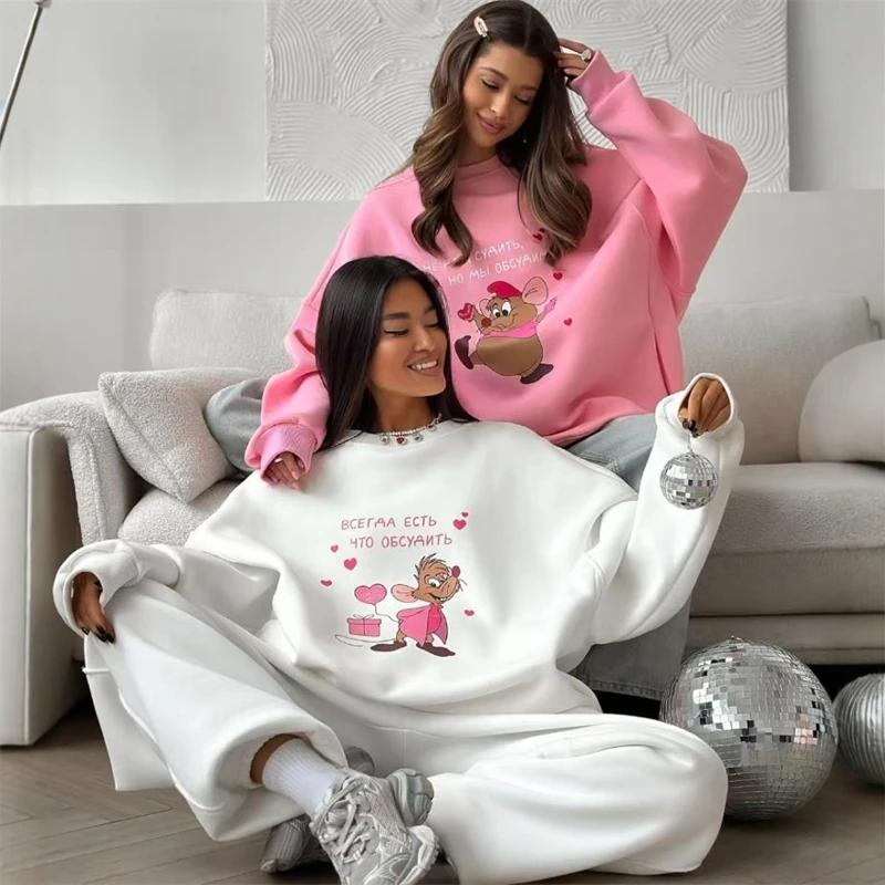 Felpa con cappuccio casual allentata Faionable Cartoon Felpa da donna rotonda Ne Long Sve Street Sle Top comodo stampato