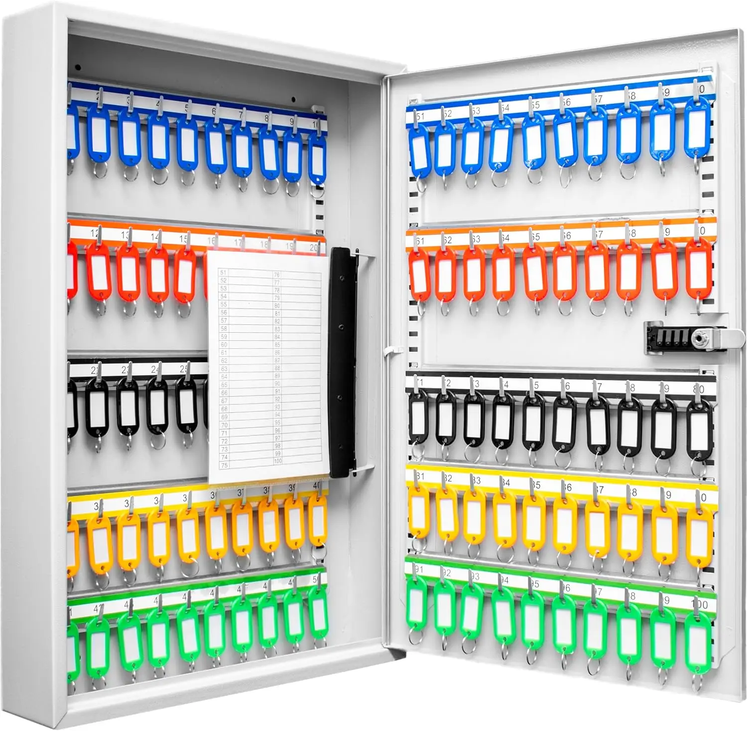 

100-позиционный замок для комбинированных ключей — настенный стальной шкаф для ключей с регулируемыми пронумерованными крючками, указательный журнал, цветные бирки для