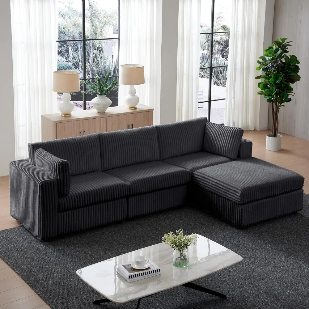 

113" Modular Couch with Ottoman, L-Shaped Convertible Cloud Sofa, Corduroy Fabric, Cloud Plush Cushions, Durable Gray Sofa Set