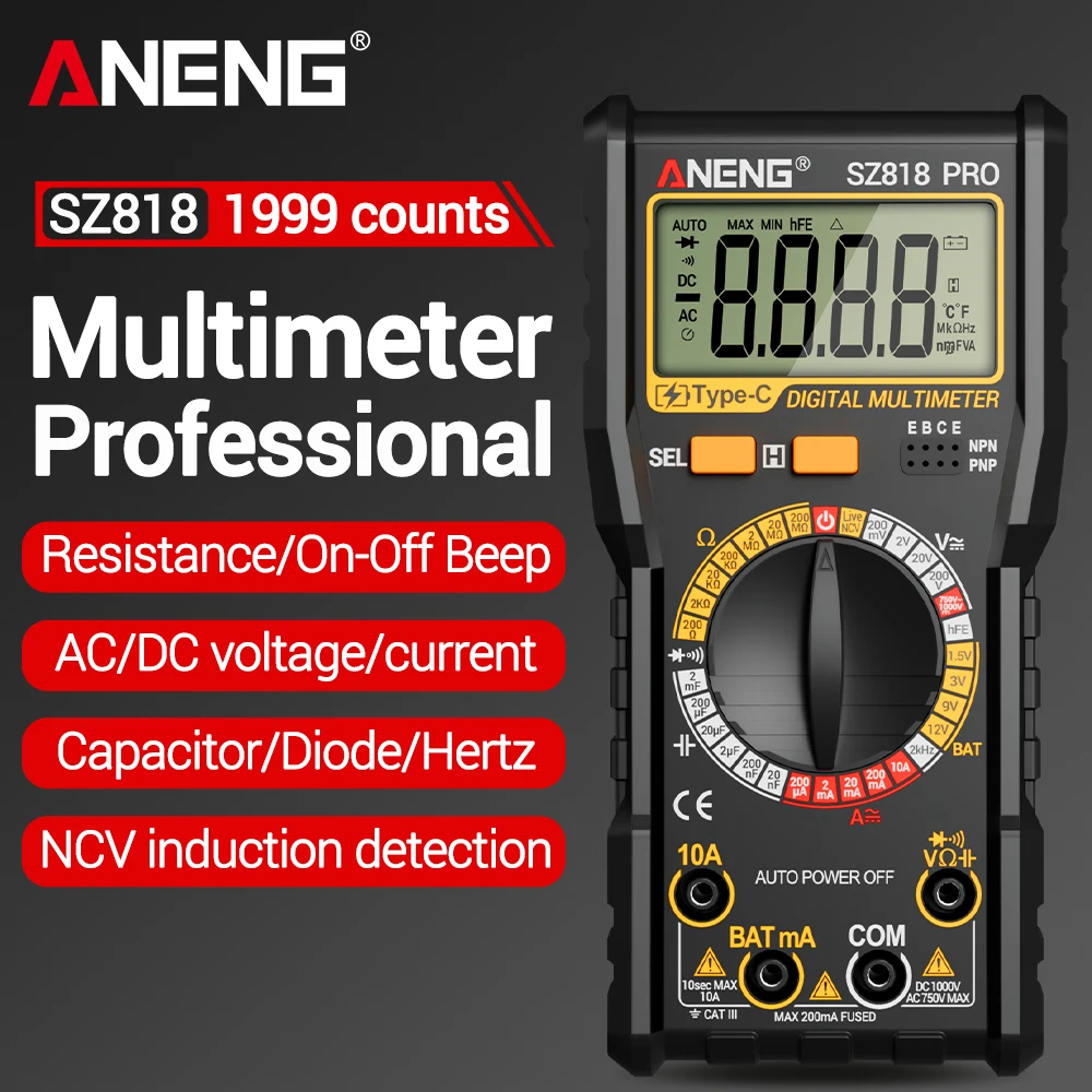 

ANENG Digital Multimeter Rechargeable 1999 Count AC/DC Current Voltage Three-Phase Voltage Detection Transistor Test Tool