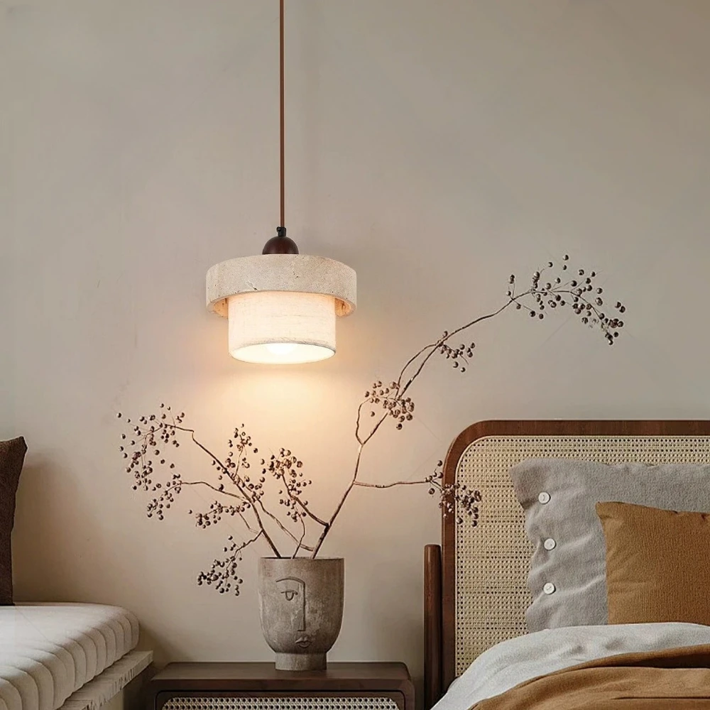Wabi Sabi Natural Travertine Stone LED Pendant Light Nordic Retro for Living Room, Bedroom
