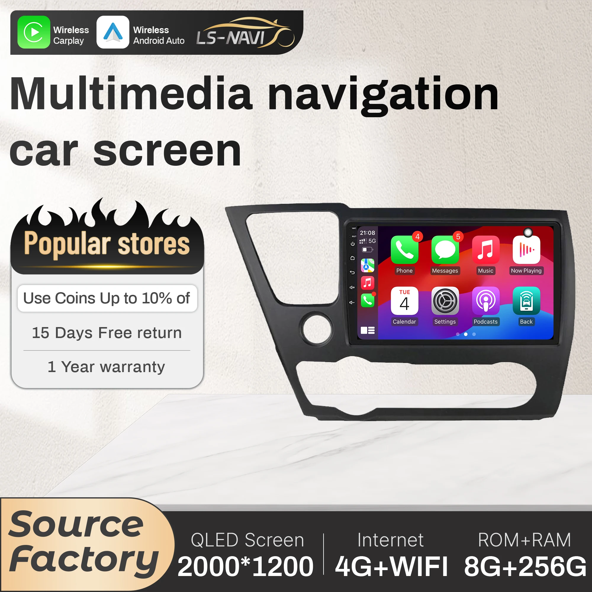 راديو السيارة لهوندا سيفيك 4d 9 2013-2016 سماعة لاسلكية تعمل بالبلوتوث CarPlay 4G رئيس وحدة شاشة تعمل باللمس ستيريو