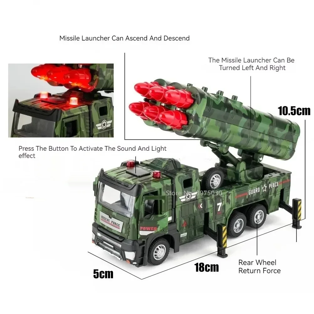 1:32 Alloy Double Row Missile Vehicles Toys Cars Miniature Models Sound Light Wheel Pull Back Military Model Boys Perfect Gifts