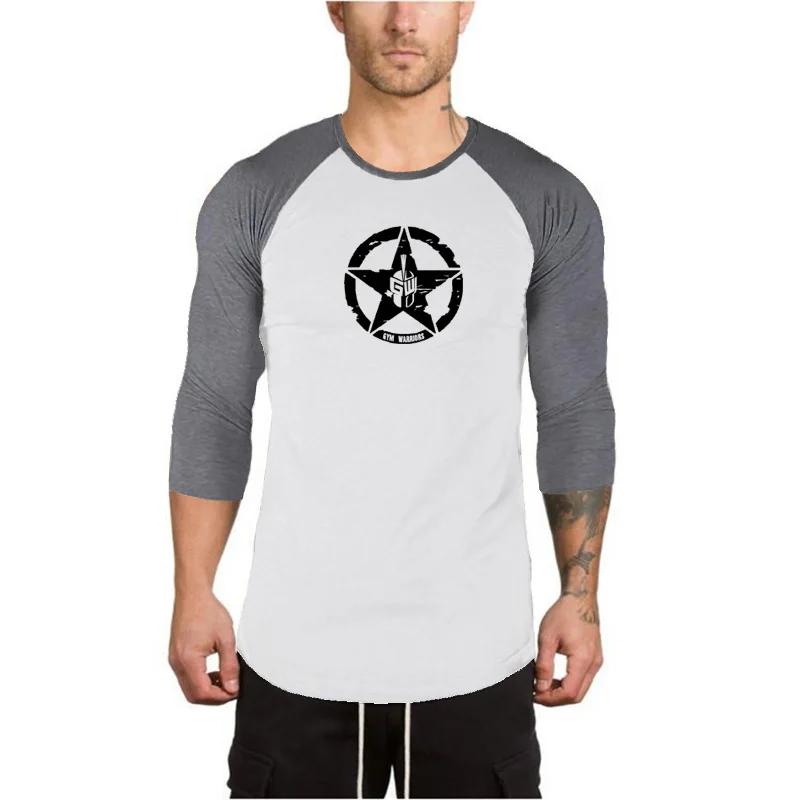 Men's Running Sports T-Shirts Cotton Blend Slim Fit Quick Dry Athletic Top Three Quarter Sleeve  Fitness Tee For Gym Workout