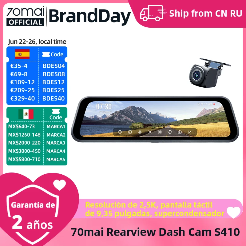 Cámara de Visión Trasera para Coche 70mai S410, Pantalla de Espejo de 9.35 Pulgadas, Delantera 2K, Trasera 1080P, Apertura F1.55, Supercondensador, Protección 24/7, 70mai S410