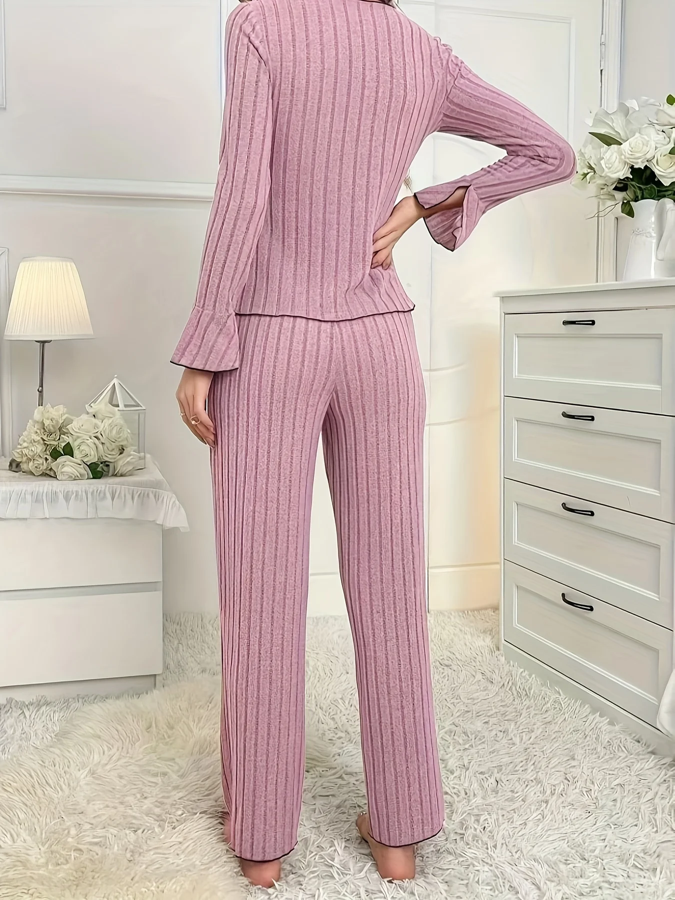 2-Piece Women's Autumn and Winter Pure Color Elegant Bow Ladies Simple Long-Sleeved Pants Pajama Set Russian Striped Sleepwear