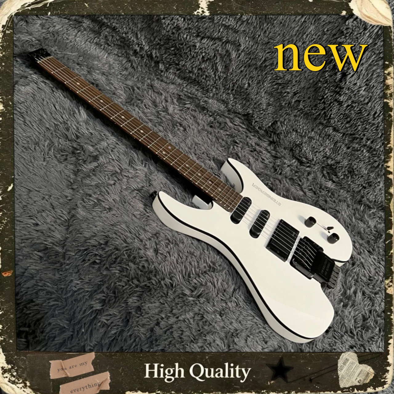 White Headless Electric Guitar Black Binding Mixed Pickups Double Tremolo Rosewood Fingerboard Heavy Metal Shred Stage Guitar
