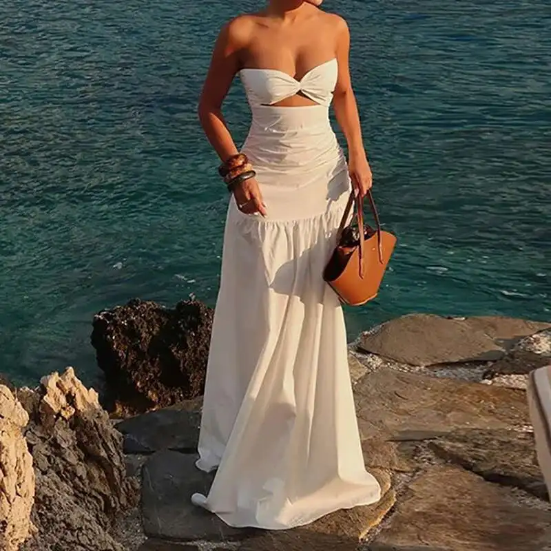 

Simple Solid Sleeveless Beach Dresses Holiday Strapless High Waist Women Long Lady Sexy Off Shoulder Pleated Evening Dress