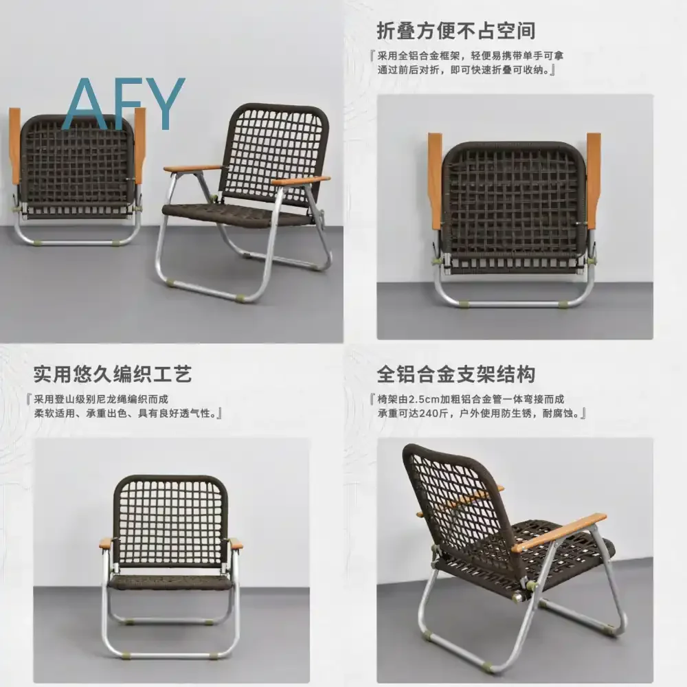 Foldable Outdoor Camping Chair with Backrest for Single Person Aluminum Frame Woven Rope Kemit Style Lounge Chair for