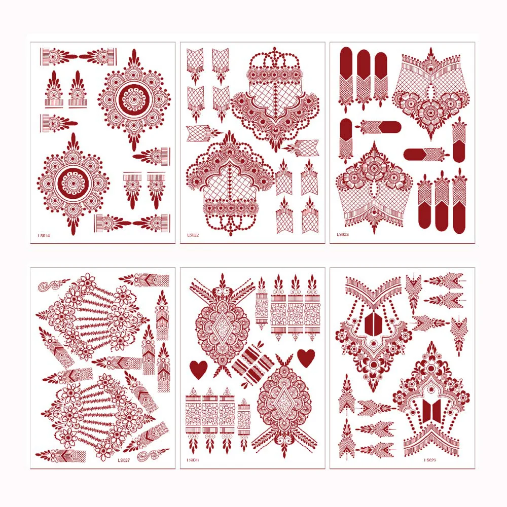 10 Pcs/Set Maroon Color Henna Tattoo Stickers for Hand Brown Red Henna Tattoos for Women Waterproof Temporary Mehndi Tattoo Fake