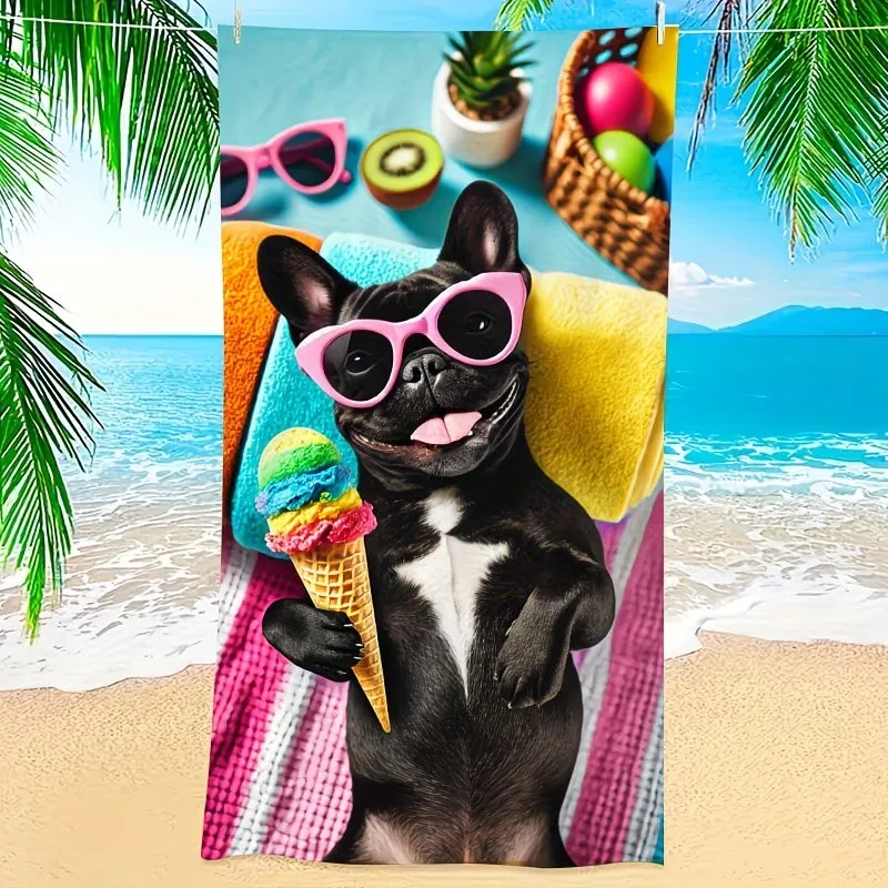 Oversized Funny French Bulldog Beach Towel XL Cool Dog Pool Blanket Large Bath Towels for Summer Vacation Travel Essentials