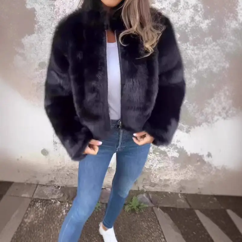 レディース ジッパー ファーコート ハイカラー ジャエット シミュレート ファー ロング スベ ブリティ スレ ファイオナブル 秋服 カジュアル シック