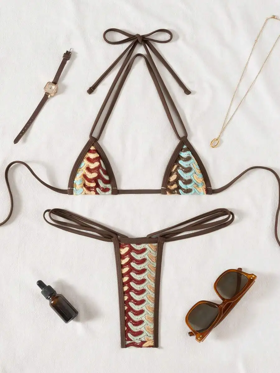 Micro Triangle Halter Bikini Set With Lace Pattern For Beach Pool Party