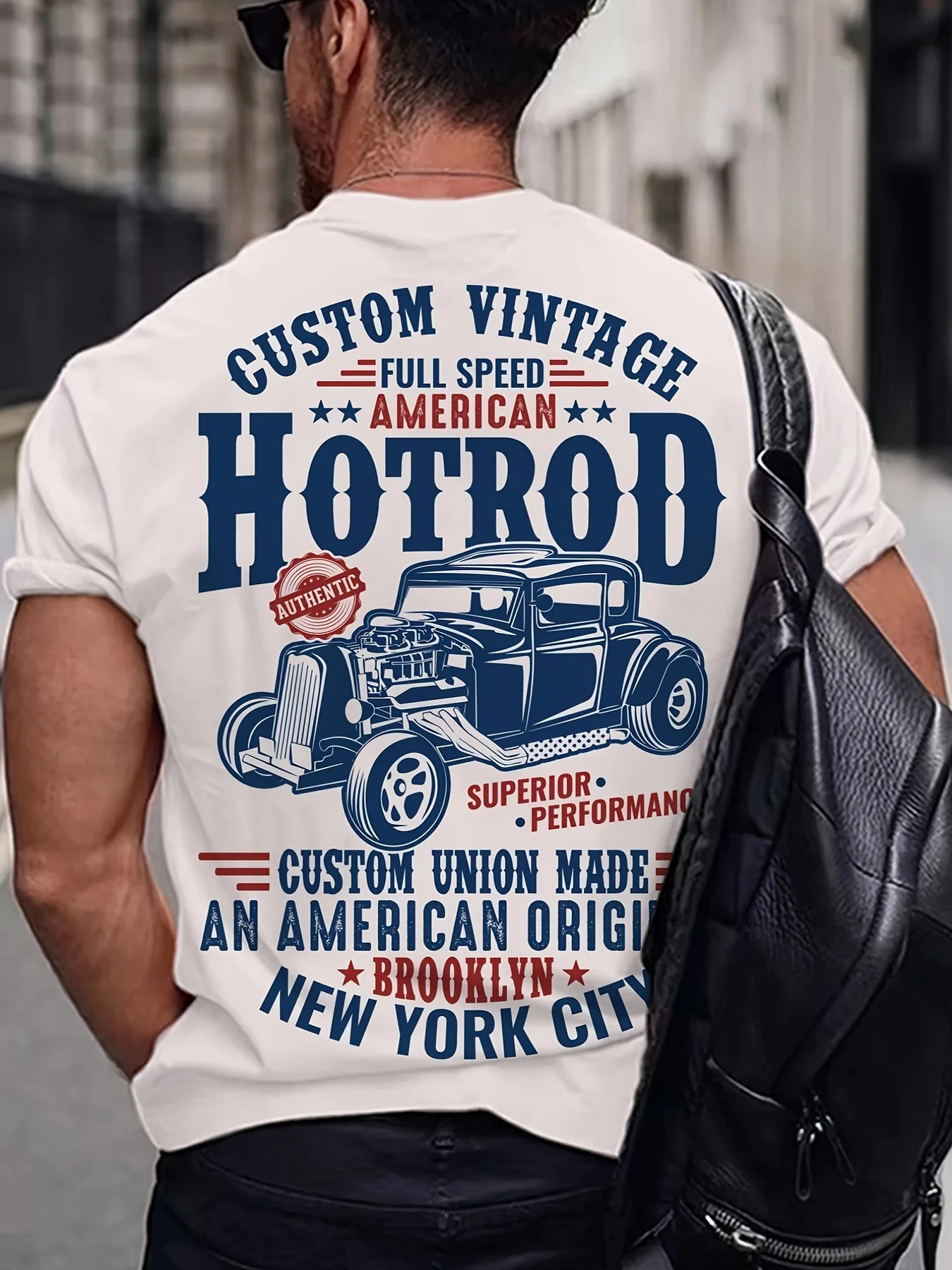 Men's Vintage Hot Rod Custom Car Print T-Shirt American Brooklyn Retro Speed Crew Neck Tee