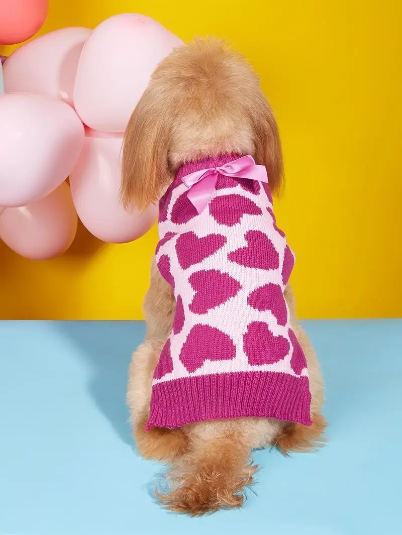 M41 Small dog clothes Valentine's Day pink bow peach heart round neck knit warm Chihuahua Teddy sweater dachshund