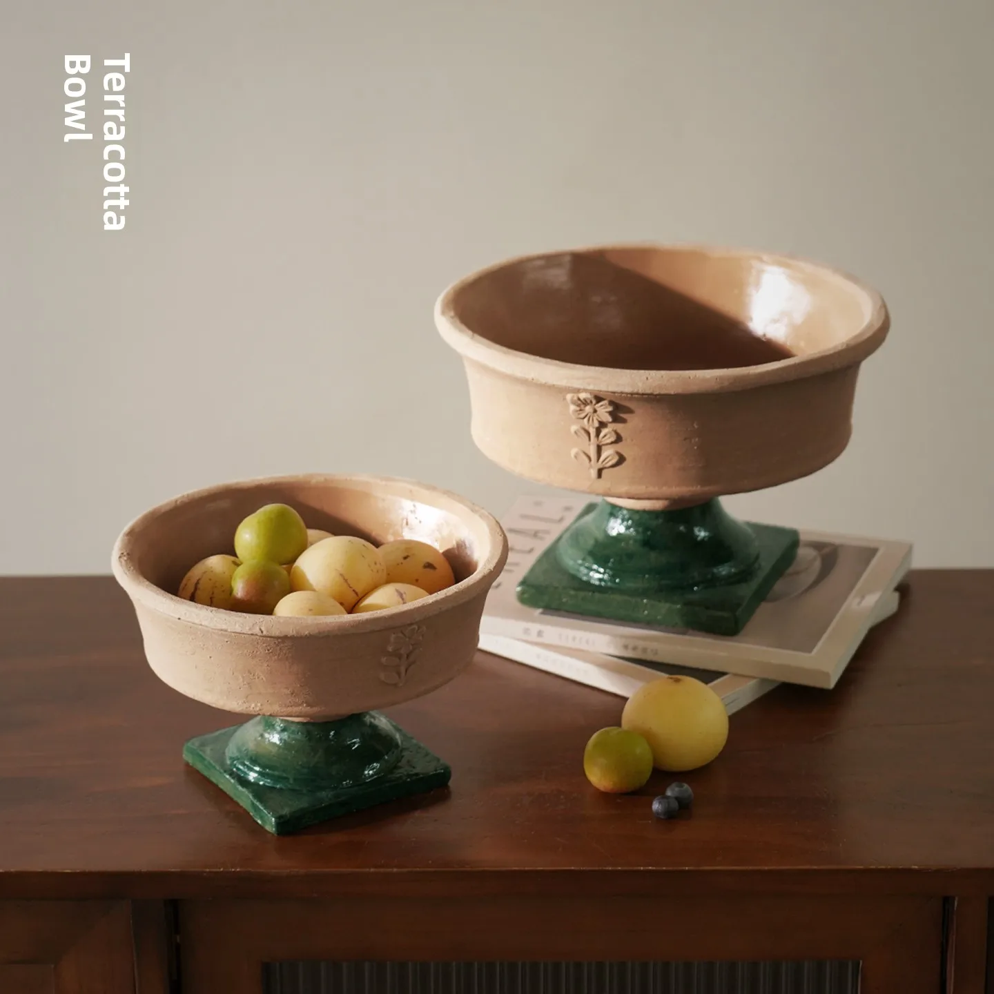 Retro High-legged Fruit Tray Chestnut Stone Tea Room Coffee Table Decorative Storage Basket Snack Fruit Tray Simple Modern Style