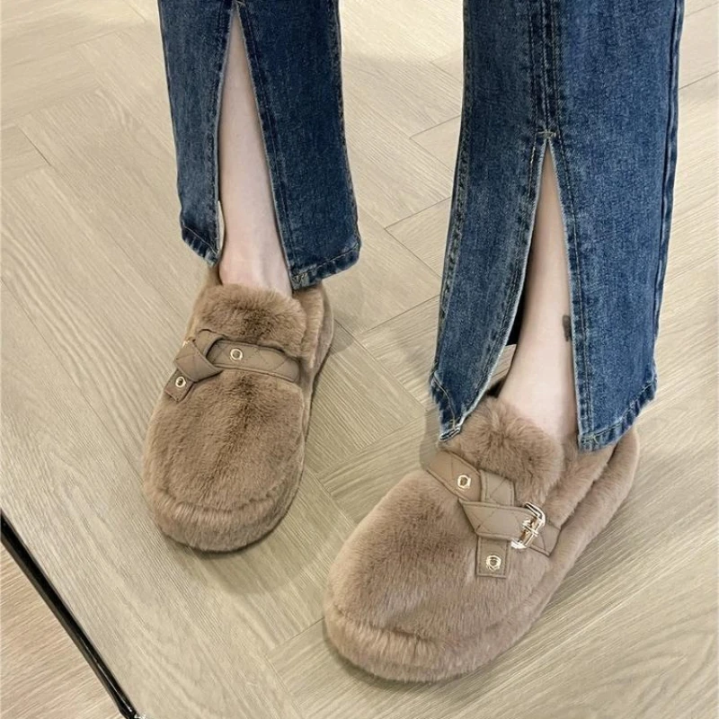 2024 Luxury Fluffy Fur Loafers Women Winter Warm Plush Furry Flat Shoes Designer Peals Indoor Home Footwear Cozy Moccasin Flats