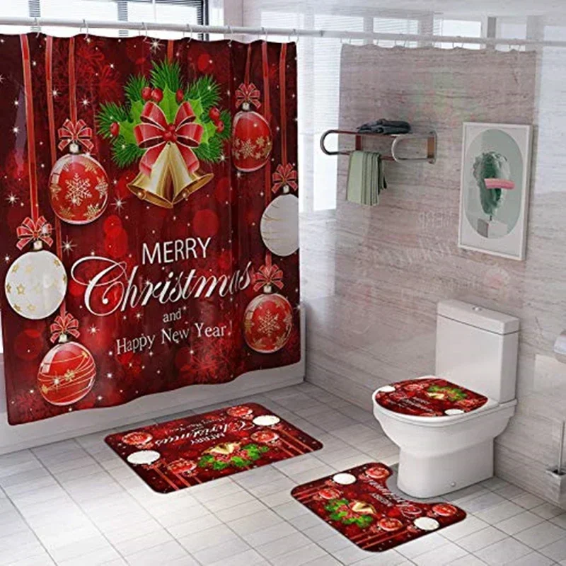 Red Christmas Bell Print Shower Curtain Set with Hooks Festival Bathroom   Decor Anti-slip Bath Mat  Rugs Toilet