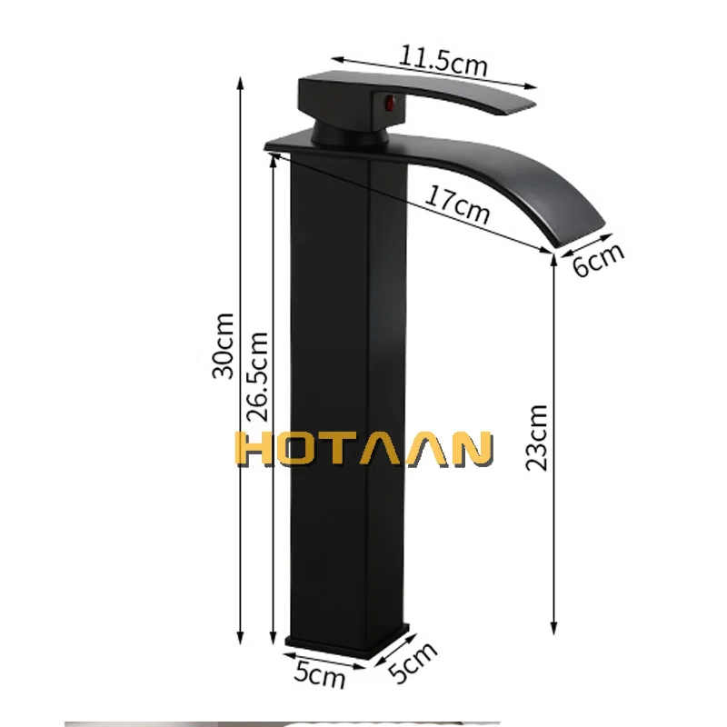 Waterfall Brass Basin Faucet Deck Mounted Single Lever Single Hole Cold&Hot Bathroom Basin Mixer Black Plated Tap