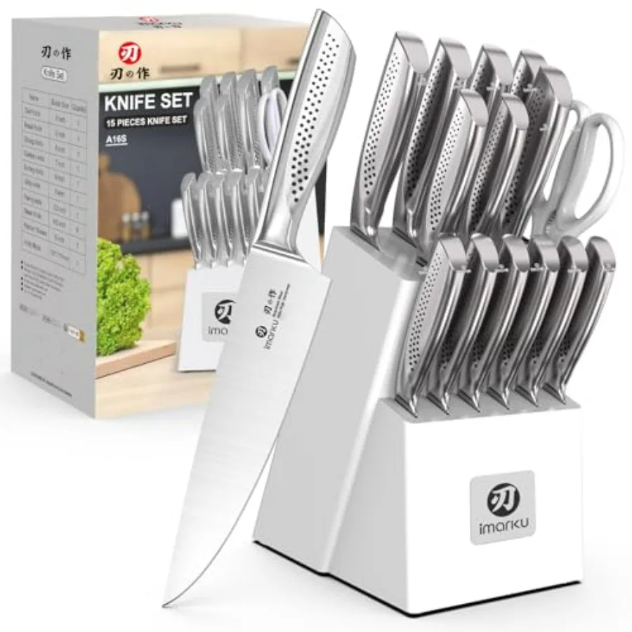 15-Piece Knife Set with Block High Carbon Stainless Steel Kitchen Knives with Built-in Sharpener Dishwasher Safe Ergonomic Non-
