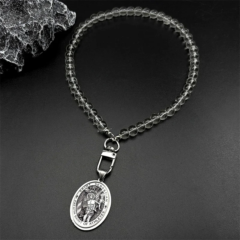 

SAINT SEBASTIAN PATRON SAINT OF ATHLETES Oval Pendant Necklace Women Men Stainless Steel Gold Color Glass Beads Sports Jewelry