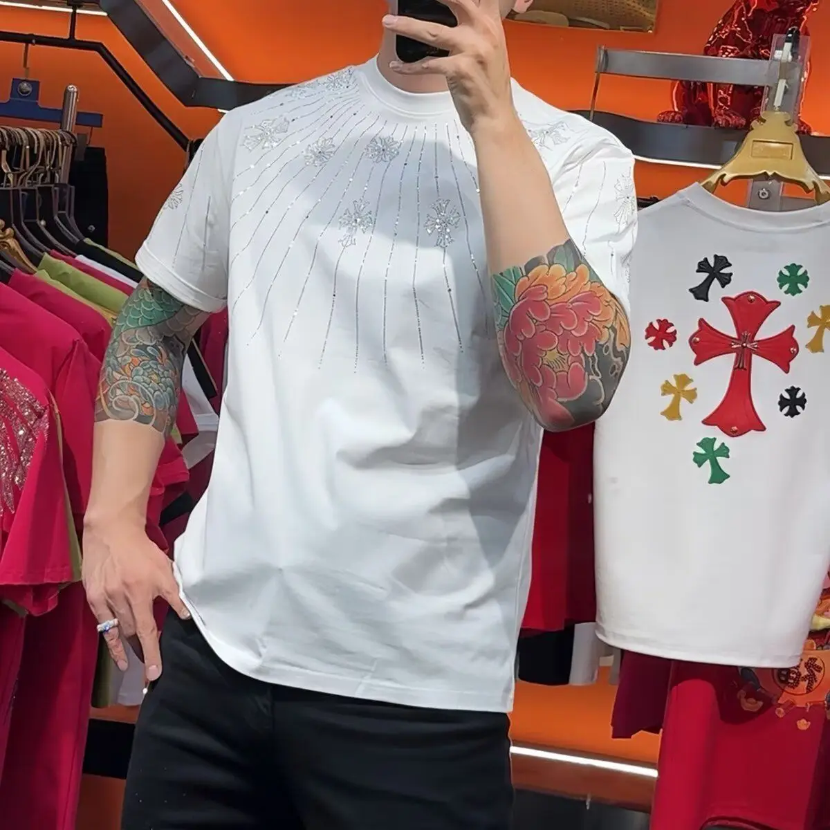 

T-shirt for Men's New Fashion Style Light Luxury Hot Diamond Sequin Half-sleeved Stretch Shirt New Short-sleeved Short-sleeved