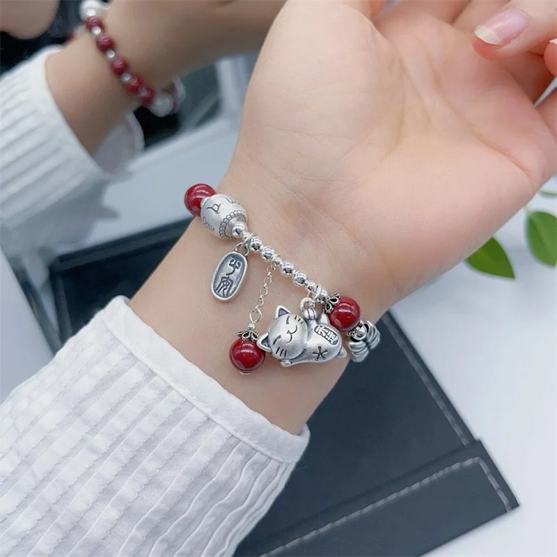 

Sterling Silver Bracelet S925 Gift For Women DIY Originality Charm Garnet Festival Retro Fashion Jewelry