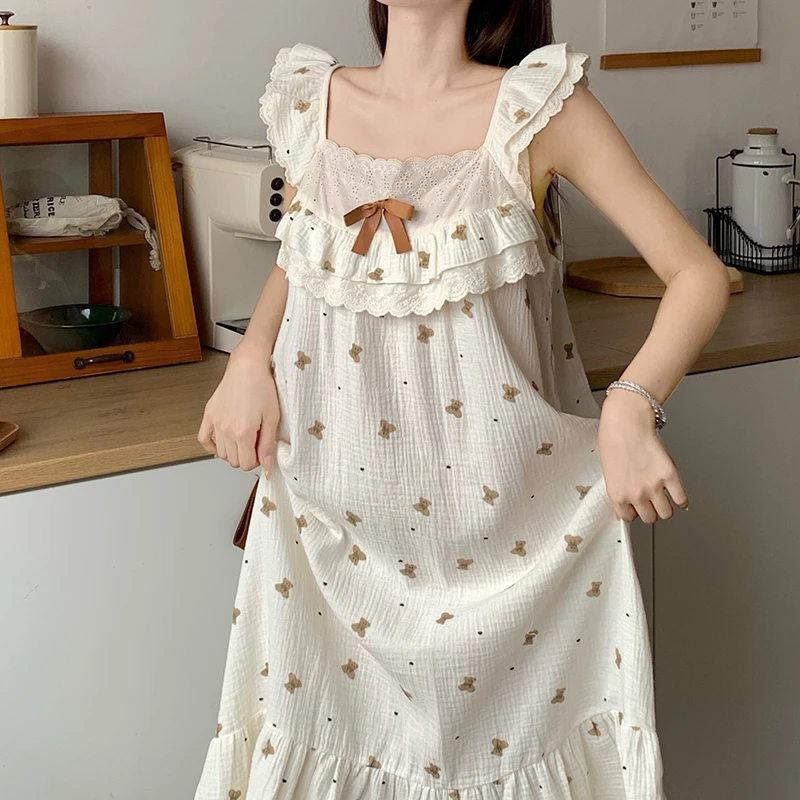 

Cartoon Bear Summer Nightgown Women Square Collar Lace Ruffles Long Sleepwear Cotton Night Wear Sleeveless Kawaii Soft Korean