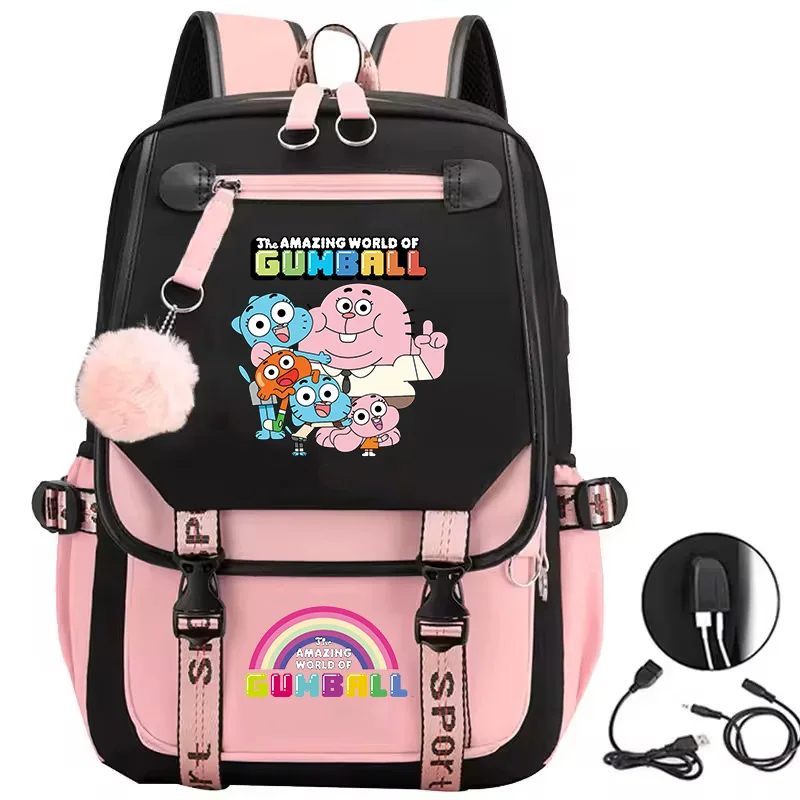School Bags for Teenage Girls The Amazing World of Gumball Printed Students Bookbag Large Capacity Travel Bagpack with Usb Port