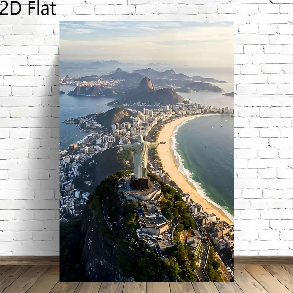 2D Flat, 2D Flat, 2D Flat 1pc, a Bird'S-Eye View of Christ The Redeemer in Rio De Janeiro, Featuring a Coastal Scene. This Fr