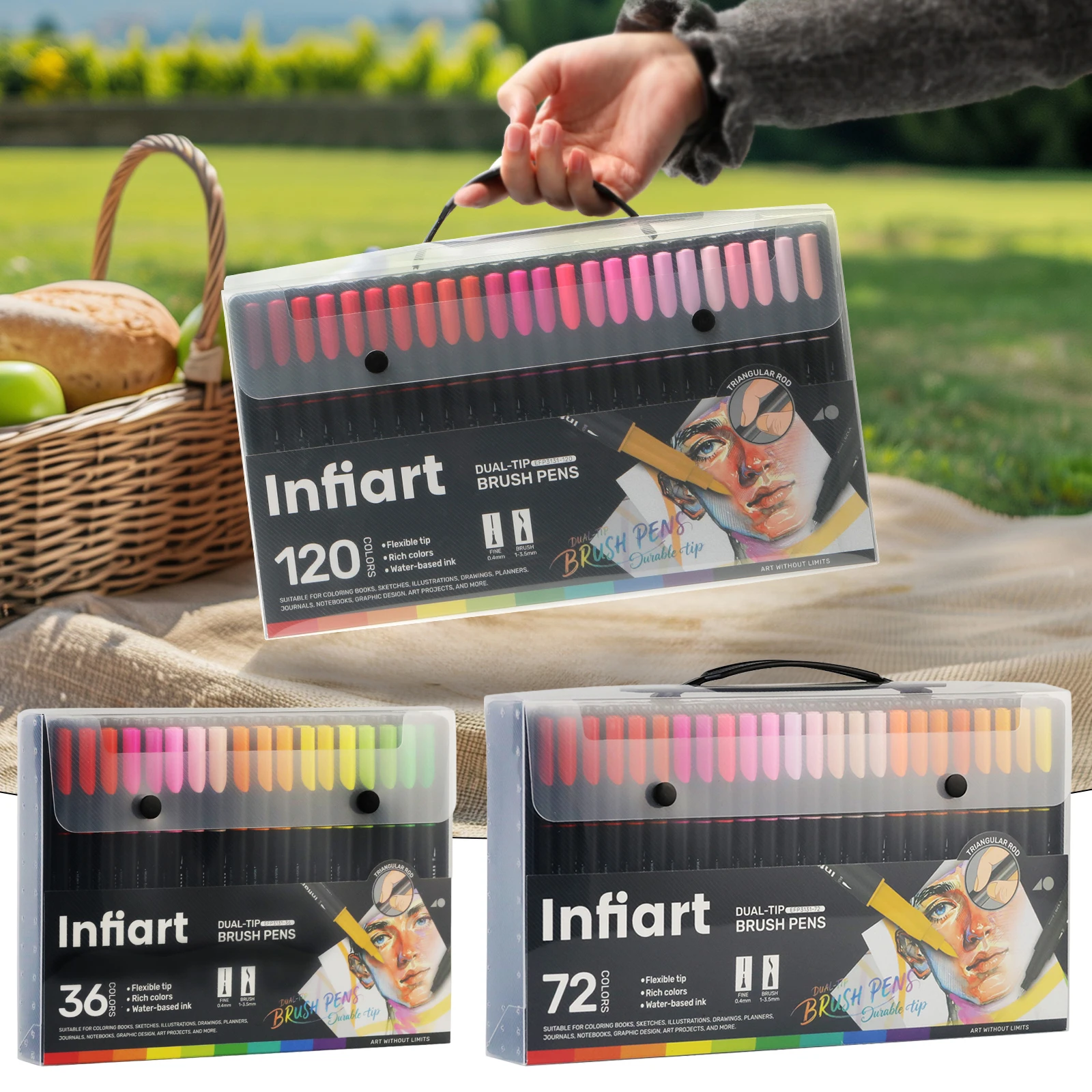 

Набор маркеров с двумя наконечниками (тонкий и мягкий) в 36/72/120 цветах, с гладким потоком чернил, насыщенными цветами и высокой степенью покрытия, обеспечивающий свободное управление линиями для детализированного контурирования и раскрашивания больших 