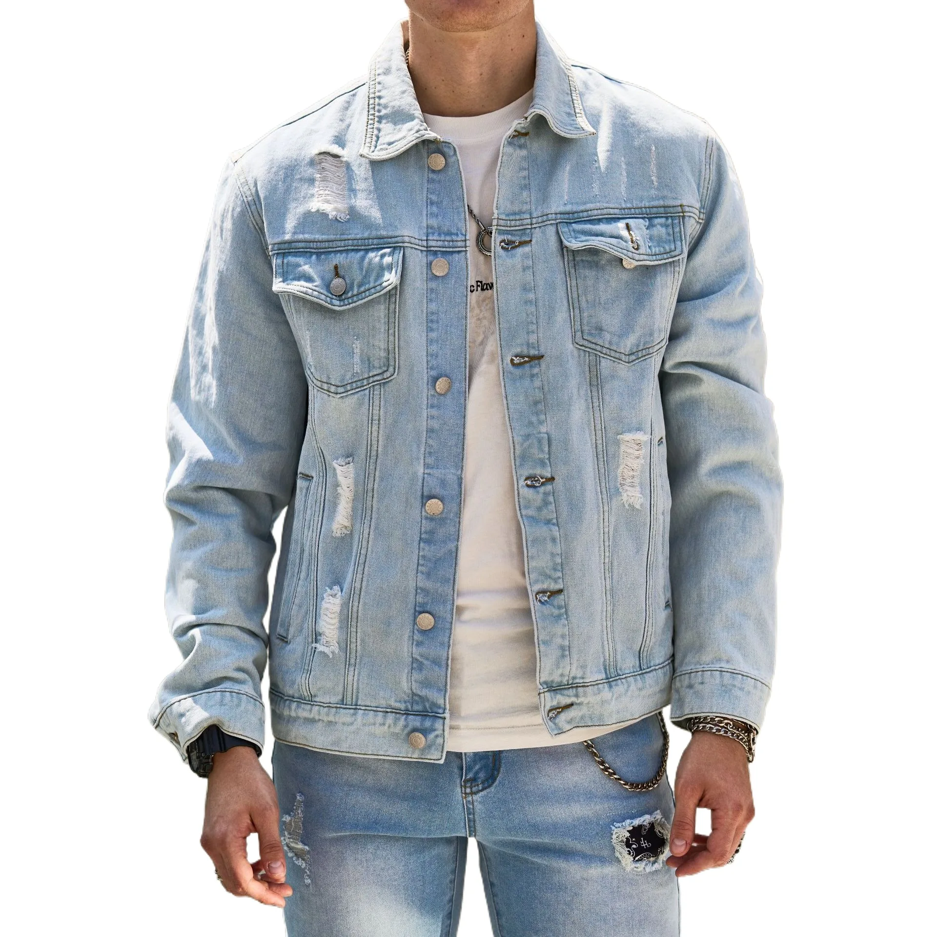 

Men's Fashion Ripped Jeans Jacket Spring Autumn Distressed Denim Coat Washed Blue Cowboy Outerwear For Male