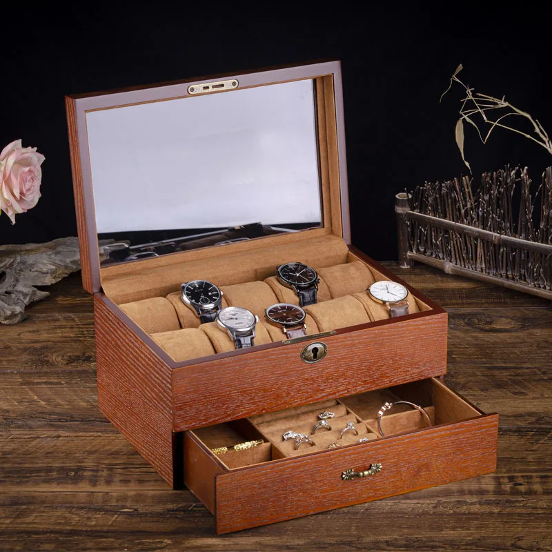 Solid Wood Watch Box with Lock Ring Bracelet Glasses Watch Boxes Organizer Jewelry Wrist Watches Display Collection Accessories