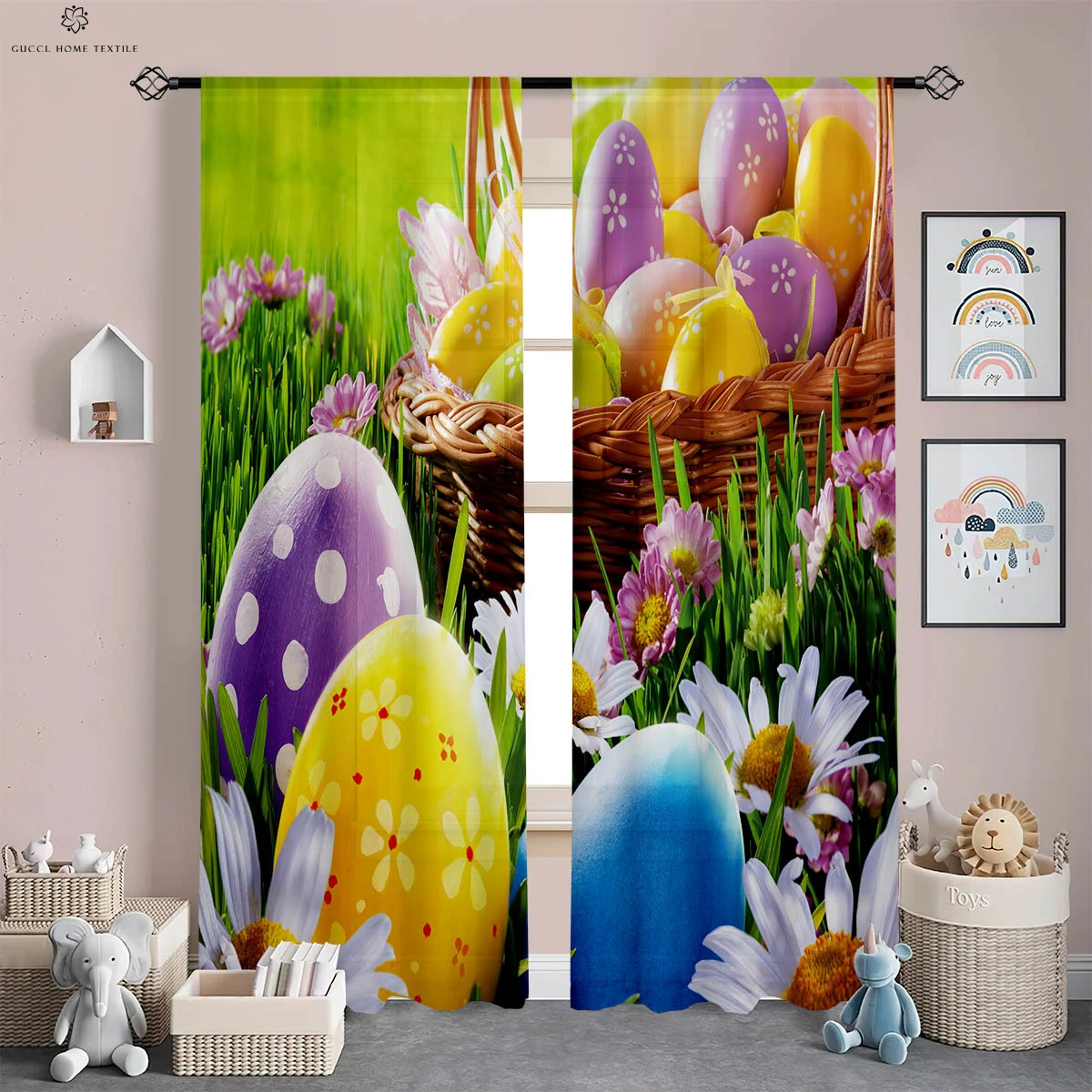 

2pcs Cartoon Rabbit Colorful Egg Printed Curtains Living Room Bedroom Easter Decorative Curtains Kids Gifts