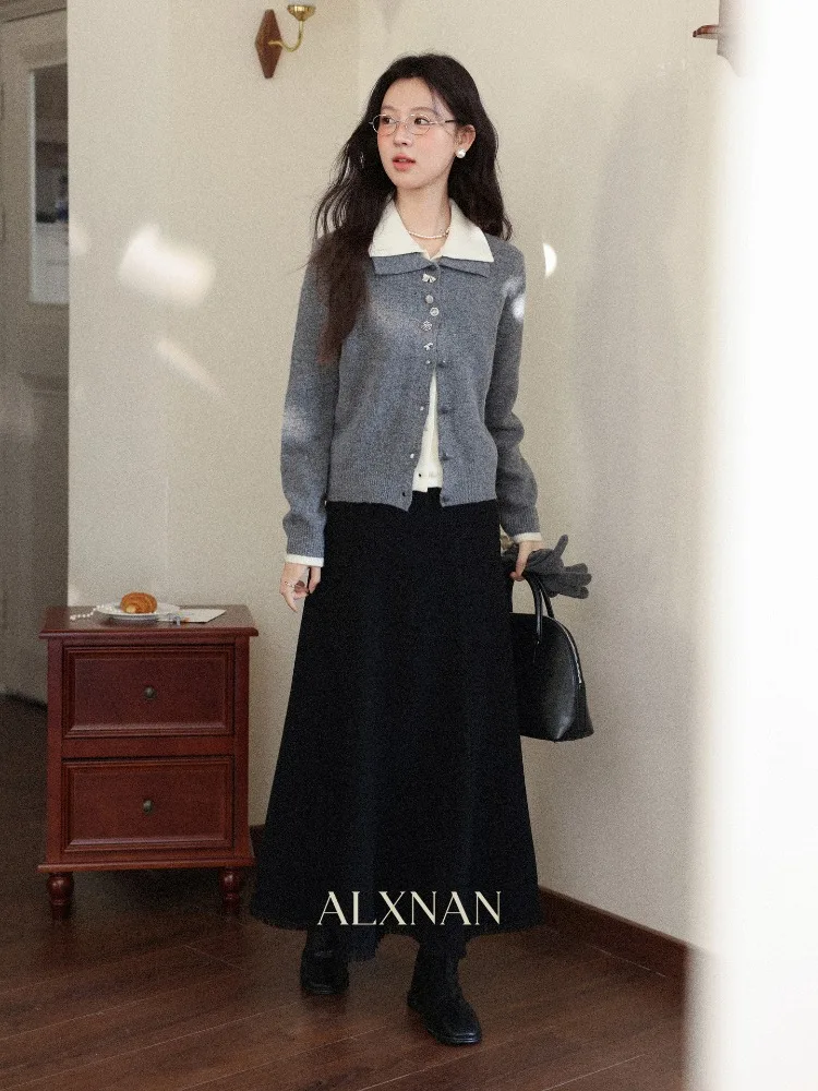 سترة شتوية نسائية من ALXNAN سترة شتوية رمادية اللون مكونة من قطعتين سترة دافئة غير رسمية فضفاضة بأزرار أنيقة وأكمام طويلة سترة نسائية متماسكة L59709 #4