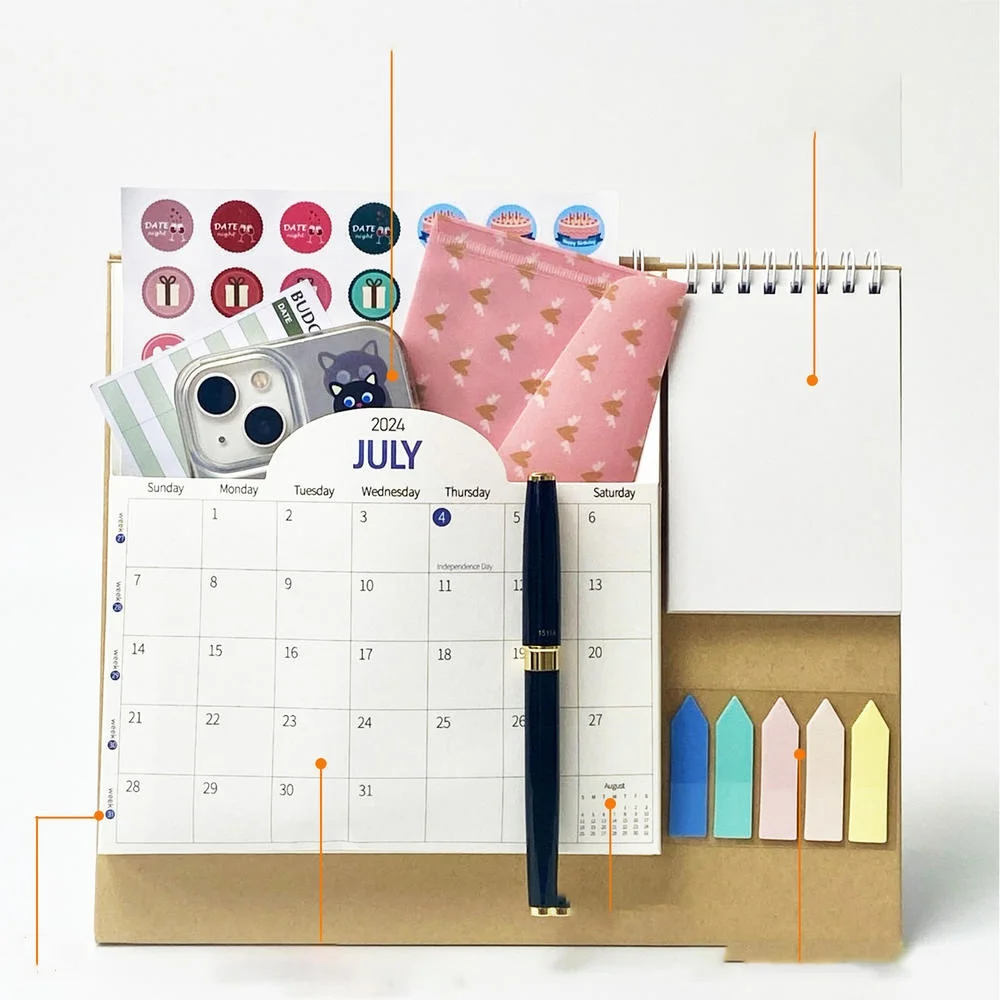 2025 English Desk Calendar With Pocket Notepad Labels Notes Monthly Schedule Planner Desktop Loose-Leaf Ring Calendar Ornaments