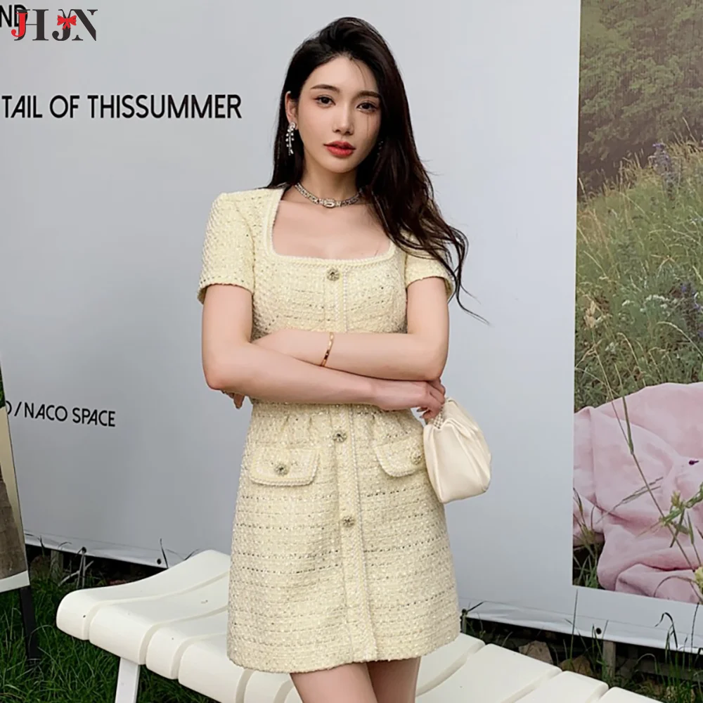 JHJN French Style Retro Tweed Elegant A Celebrity T-shirt Square Collar Dress For Women High Waist Thin Delivery Belt