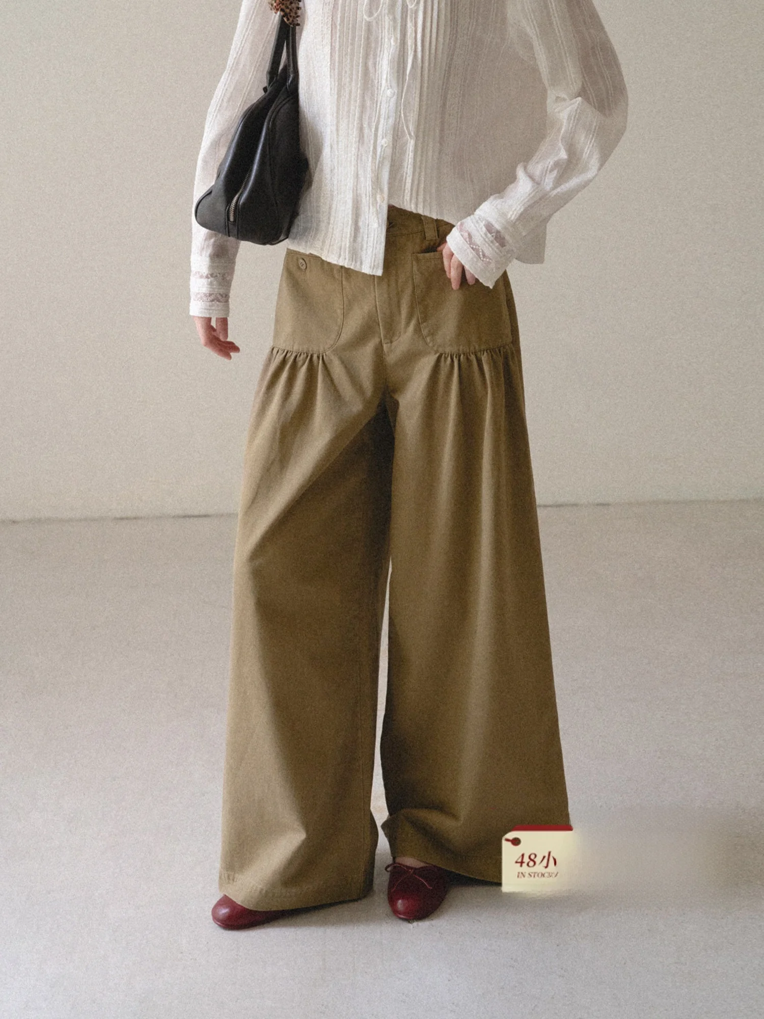 Retro Pleated Back Pocket Design Wide Leg Casual Pants Women's High Waist Loose Commute Straight Leg Pants Cotton Fabric