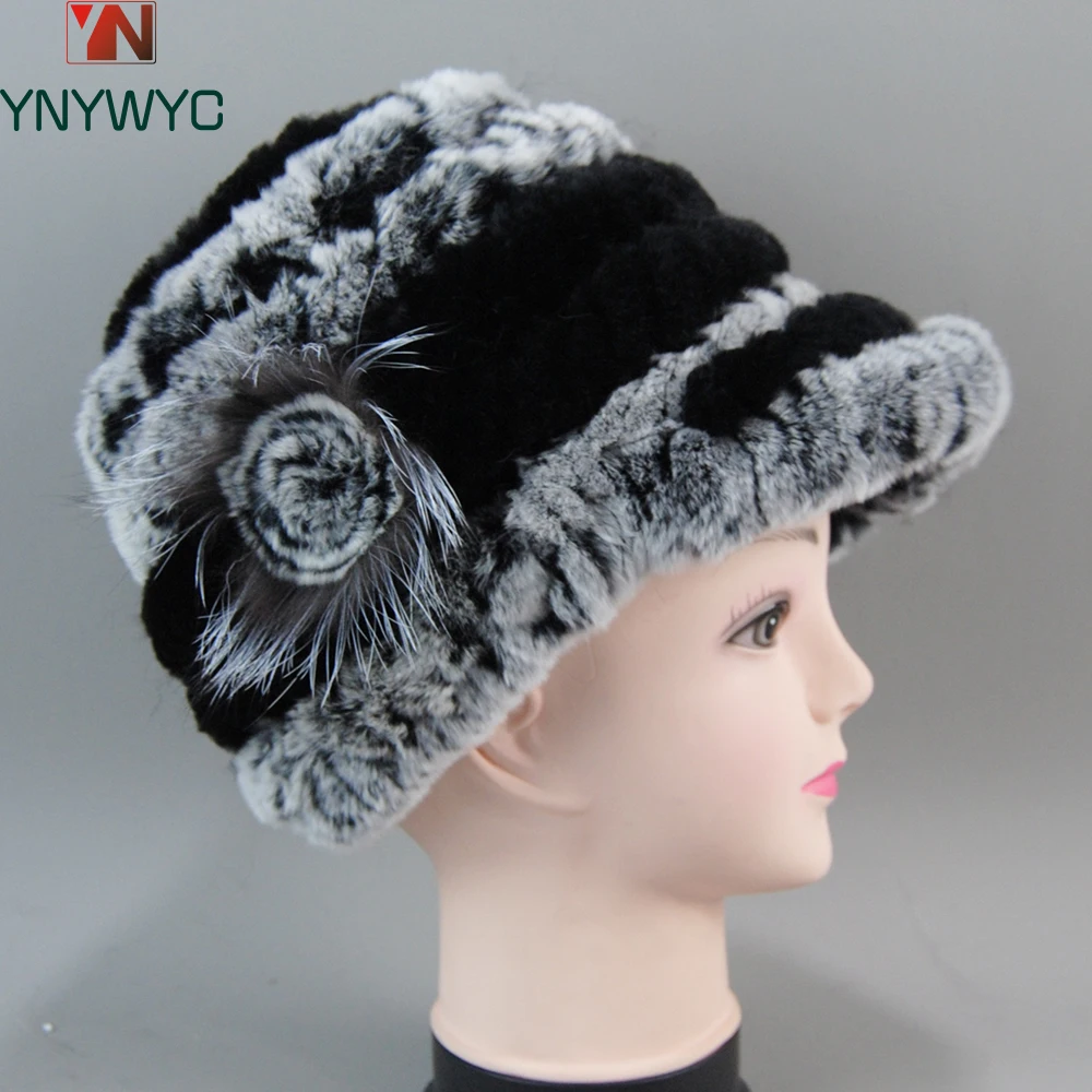 

Women's Fur Hat With Silver Fox Fur Flowers Skullies Beanies Warm Winter Hats For Girls Real Rex Rabbit Cap Floral Knitted Hat