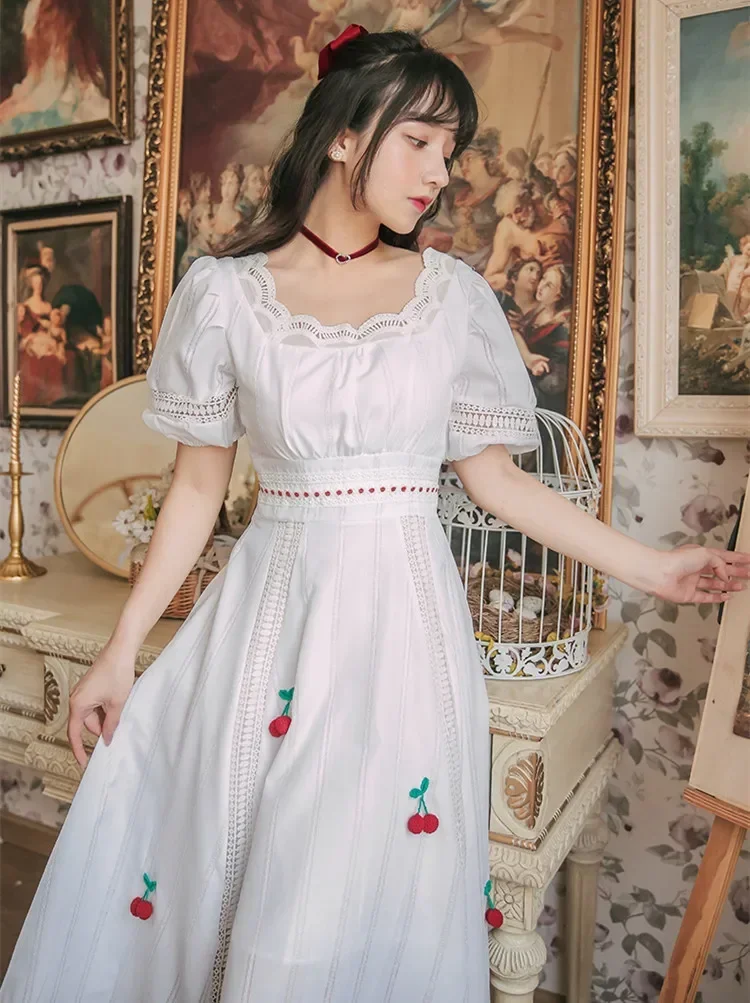 Summer Victorian Style White Dress Woman Vintage French Embroidery Puff Sleeve Princess Dresses Vestido Robe Blanche Femme